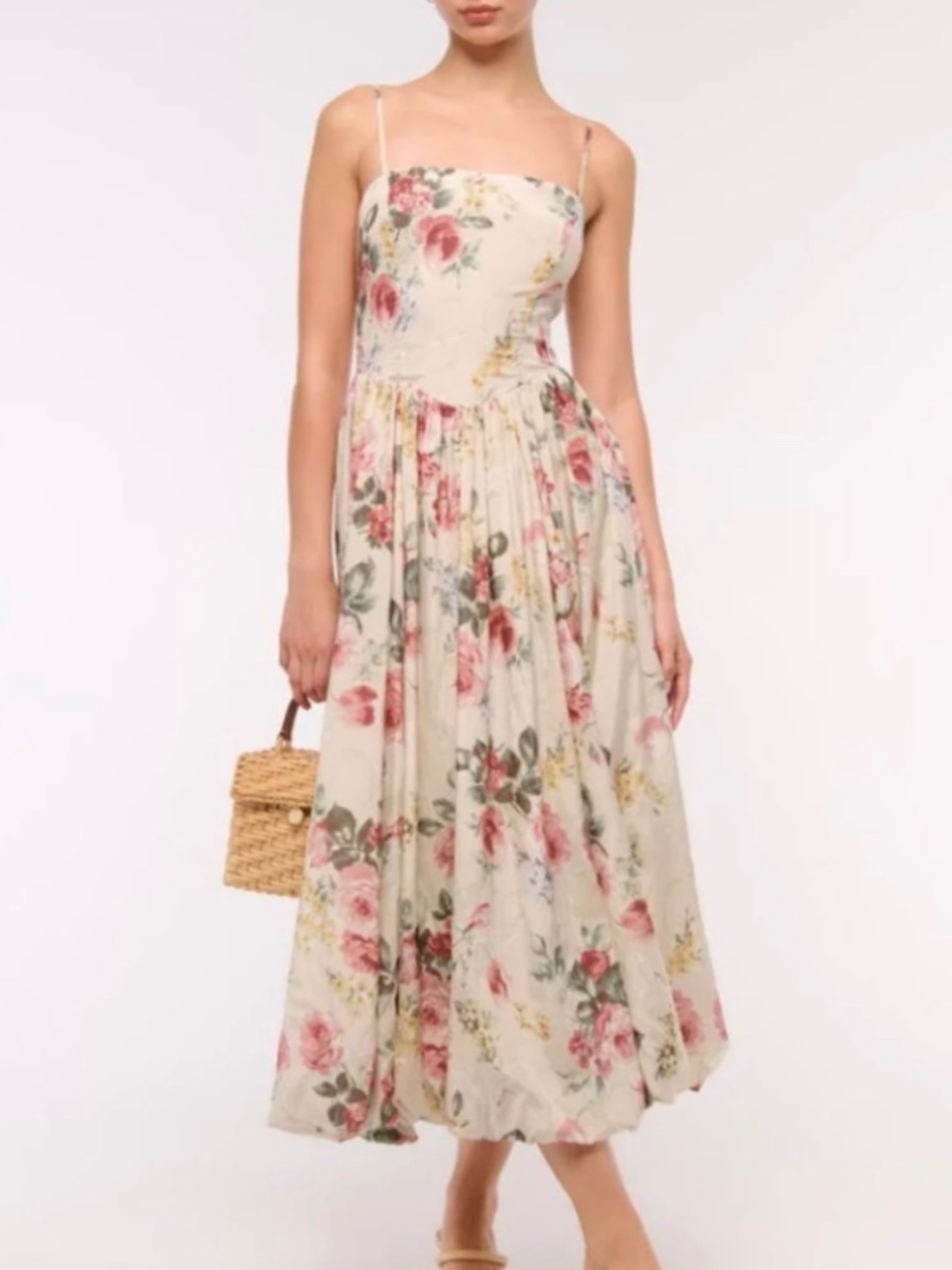 Abercrombie & Fitch Floral Cream Midi Dress with Pink Rose Print